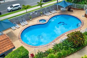 an overhead view of a swimming pool with chairs and umbrellas at Markham Court in Gold Coast