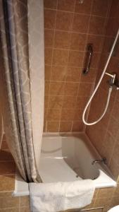 a bathroom with a bath tub with a shower at BaMeS BadUrach Metzingen Stuttgart in Bad Urach