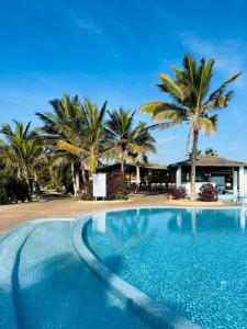 a swimming pool in front of a resort with palm trees at Villa with privat pool near beach Santa Maria Sal Kap Verde in Prainha