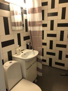 La salle de bains est pourvue de toilettes et d'un lavabo. dans l'établissement Apartment Vanhatie 44, à Pyhäjoki