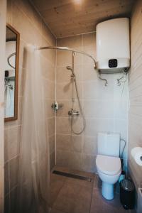 a bathroom with a shower with a toilet and a shower curtain at Liepa SaulesKempings in Mērsrags