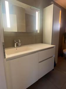 a bathroom with a white sink and a mirror at Golden Circle private Farmhouse with hot tub in Selfoss