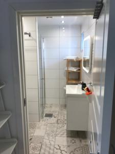 a small bathroom with a sink and a shower at TOBSBORG 2 in Simrishamn