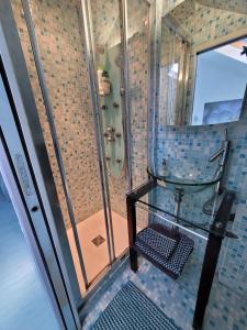 een badkamer met een glazen douche en een wastafel bij Gîte Milly - 2 studios en coeur de ville in Milly-la-Forêt