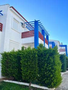 Una casa blanca con una escalera azul. en Къща за Гости в Созополи, en Sozopoli