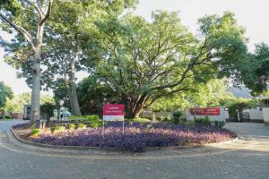 a roundabout with purple flowers in a park with trees at ATKV Buffelspoort in Rustenburg