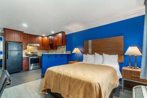 Habitación de hotel con cama y pared azul en Quality Inn & Suites Vacaville en Vacaville