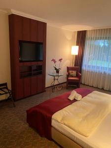 a hotel room with a bed and a television at Hotel Villa Sophia in Warendorf