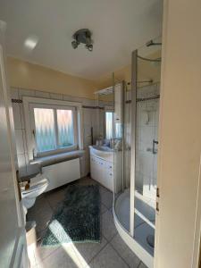 uma casa de banho com um chuveiro, um WC e um lavatório. em Moby Dick im Haus Käpt'n Andresen em Westerland