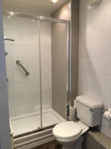 a bathroom with a toilet and a shower at Coniston Guest House in Sheffield