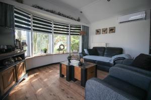 sala de estar con 2 sofás y TV en Sfeervol chalet op de Veluwe en Putten