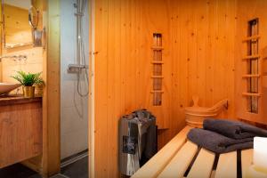 W łazience znajduje się prysznic, umywalka i drabina. w obiekcie Lodge le Chevreuil - OVO Network w mieście Le Grand-Bornand