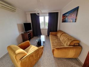 a living room with two leather couches and a television at Hotel Podróżnik in Koszuty