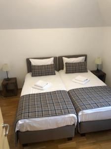 a bedroom with two beds with pillows and two lamps at Apartman DUSA in Kopaonik