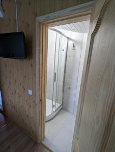 a bathroom with a shower and a television on a wall at Trevena Endriejavas 