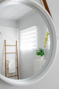 a mirror reflecting a room with a ladder and a plant at Madarász Deluxe Vendégház in Balatonalmádi