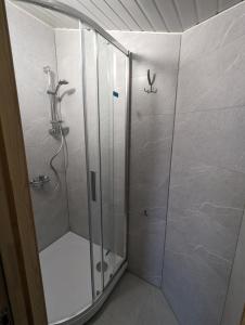 a shower stall with a glass door in a bathroom at Trevena Endriejavas 