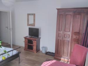 ein Wohnzimmer mit einem TV und einer Holztür in der Unterkunft Gästehaus Helbighof in Neustadt an der Weinstraße