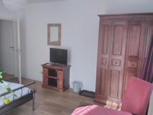 sala de estar con TV y puerta de madera en Gästehaus Helbighof, en Neustadt an der Weinstraße