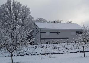 budynek pokryty śniegiem z drzewami przed nim w obiekcie La KAVAL Vosgienne w mieście Frémifontaine