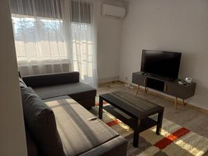 a living room with a couch and a flat screen tv at City Center Flat in Odorheiu Secuiesc