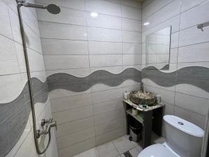 ein Bad mit einer Dusche, einem WC und einem Waschbecken in der Unterkunft RP HOTEL (NEW) in Yerevan