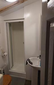een witte badkamer met een douche en een wastafel bij The Gull & Puffin Cresswell in Cresswell