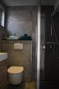a bathroom with a toilet and a glass shower at ZeeBedStay in Noordwijk aan Zee
