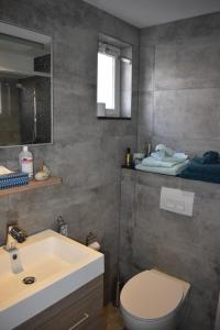 a bathroom with a sink and a toilet and a mirror at ZeeBedStay in Noordwijk aan Zee