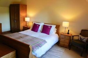 sypialnia z łóżkiem z fioletowymi poduszkami i krzesłem w obiekcie Granite Cottage w mieście Bridge of Cally