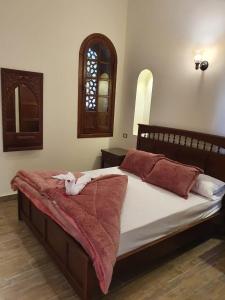 eine weiße Katze, die in einem Schlafzimmer auf einem Bett liegt in der Unterkunft Tunisia Castle Motel in Al-Fayyūm