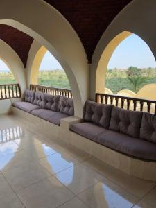 Tunisia Castle Motel في الفيوم: غرفة بها كنبتين ونوافذ