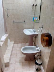 a bathroom with a sink and a toilet at Residencial Princesa do Ave in Vila do Conde