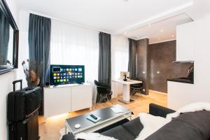 ein Wohnzimmer mit einem Sofa und einem TV in der Unterkunft Main Apartment Frankfurt Neu Isenburg in Neu Isenburg