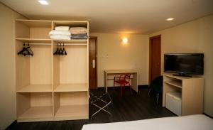 a hotel room with a bed and a tv and a desk at ibis Styles Belem Batista Campos in Belém