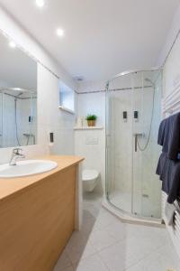 a bathroom with a shower and a sink and a toilet at Hotel Kobero in Říčany u Brna