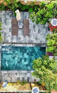 drie stoelen en een zwembad met planten bij Garden House Nha Trang in Nha Trang