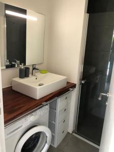 een badkamer met een wastafel en een wasmachine bij Villa Jalna Zamana appartement piscine privée jardin in Les Trois-Îlets