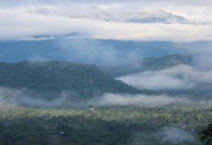 a view of a mountain covered in fog and clouds at Hostal Tena Ñaui in Tena