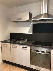 eine Küche mit einer Spüle und einem Herd in der Unterkunft Appartement moderne & lumineux 40m2 Centre Luxeuil in Luxeuil-les-Bains