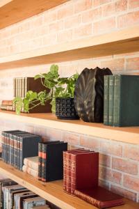 uma prateleira com livros e um vaso de plantas em Taaibosch Collection em Stellenbosch