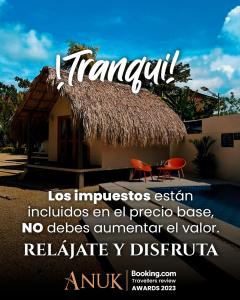 an advertisement for a resort with a straw roof at Anuk Glamping in San Bernardo del Viento