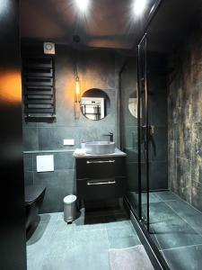 ein Bad mit einem Waschbecken und einer Dusche in der Unterkunft SUNSET Apartment AirCon - Self Check-In 24h in Breslau