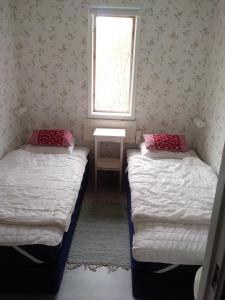 Duas camas num pequeno quarto com uma janela em Björktorpet em Linneryd