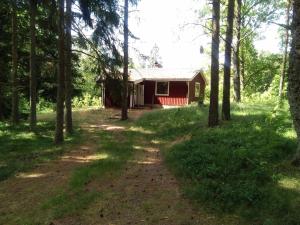 uma cabana vermelha no meio de uma floresta em Björktorpet em Linneryd