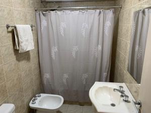 y baño con cortina de ducha y lavamanos. en Depto confortable en calle Bicentenario en Salta