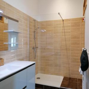ein Bad mit einer Dusche und einem Waschbecken in der Unterkunft Les Halles 3 in La Rochelle