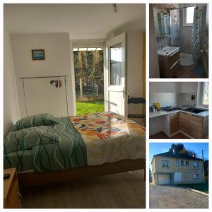 three pictures of a bedroom with a bed and a bathroom at La Menuiserie in Myennes