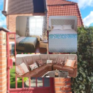 a collage of three pictures of a bedroom and a couch at Belle chambre dans un quartier calme in Brussels