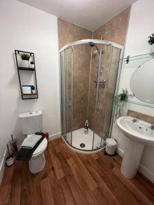 a bathroom with a shower and a toilet and a sink at Townhouse (C) in private grounds 8 mins from city in Dunston